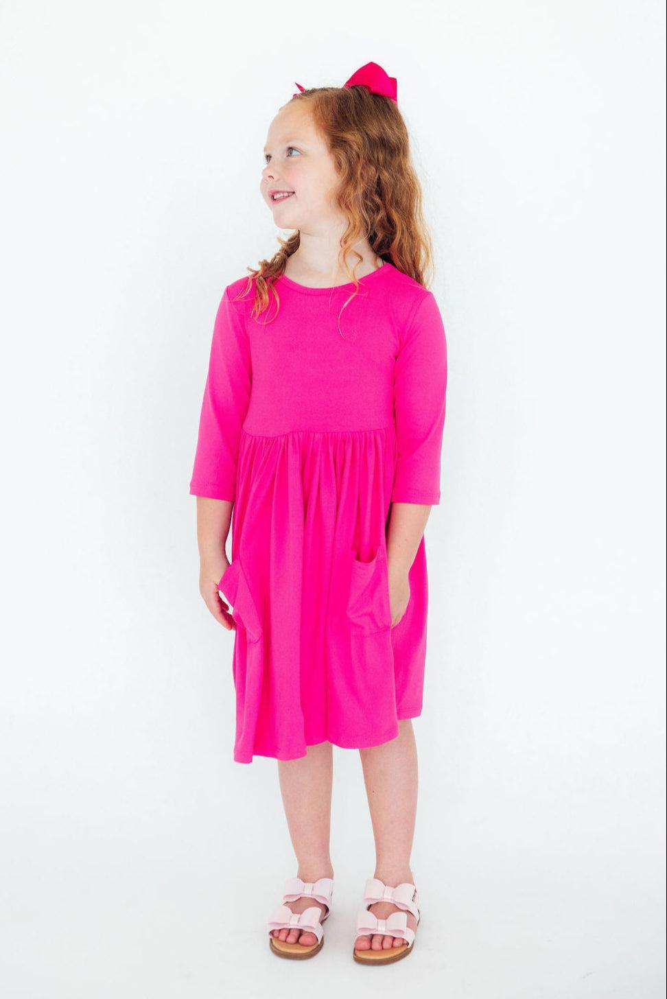 Hot Pink 3/4 Sleeve Pocket Twirl Dress