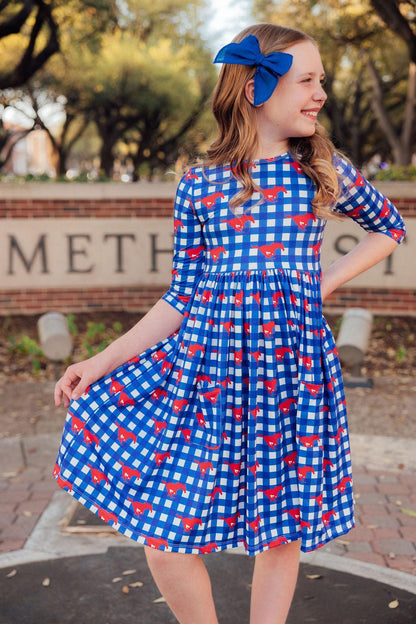 SMU Plaid Mustang 3/4 Sleeve Pocket Twirl Dress