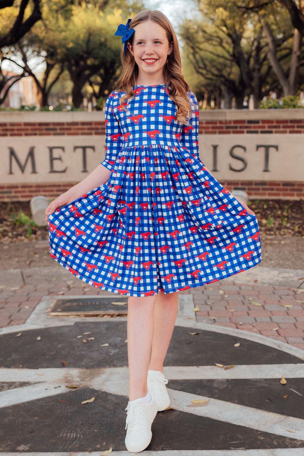SMU Plaid Mustang 3/4 Sleeve Pocket Twirl Dress