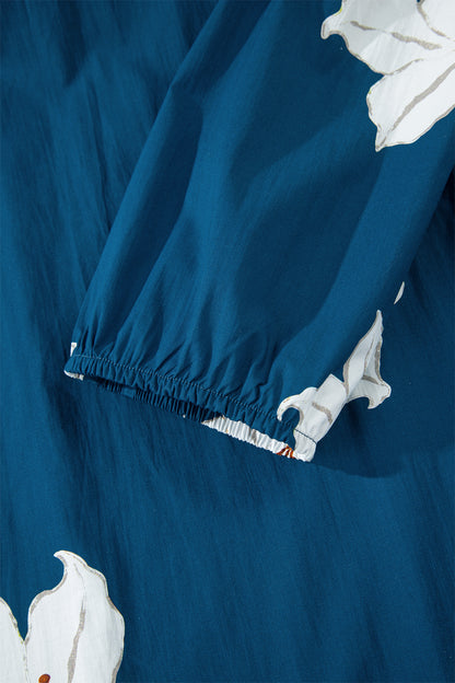 Blue Floral Print Shirt Collar V Neck 3/4 Sleeve Shift Midi Dress