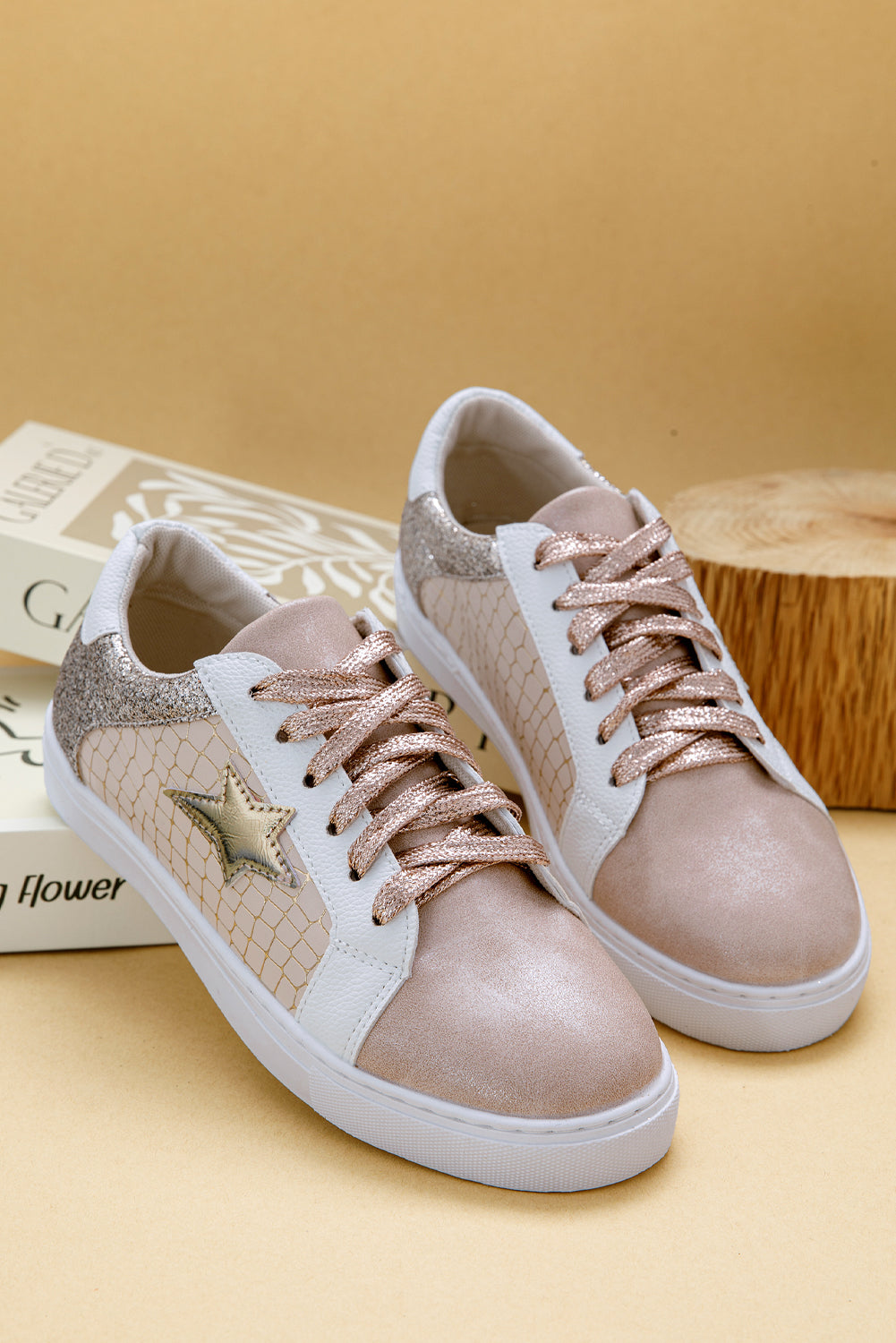 Love Gold Glitter Star Patchwork PU Leather Lace-up Sneakers