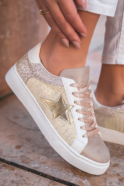 Love Gold Glitter Star Patchwork PU Leather Lace-up Sneakers