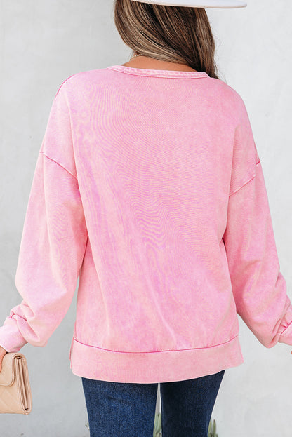 Bright Pink Mineral Wash Big Bow Patchwork Pullover Sweatshirt