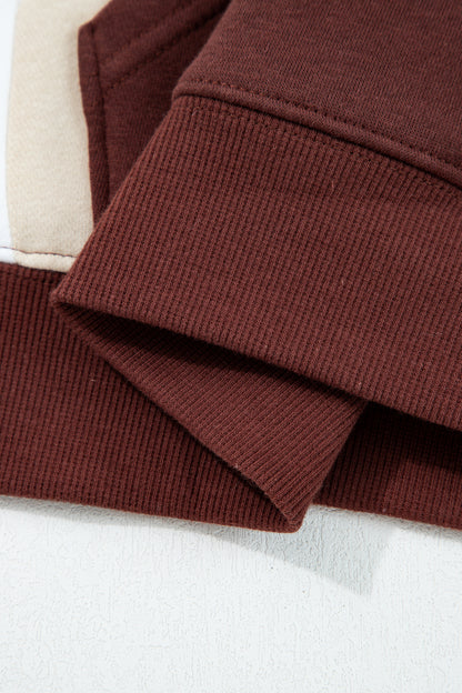 Coffee Color Block Patchwork Athleisure Hooded Sweatshirt