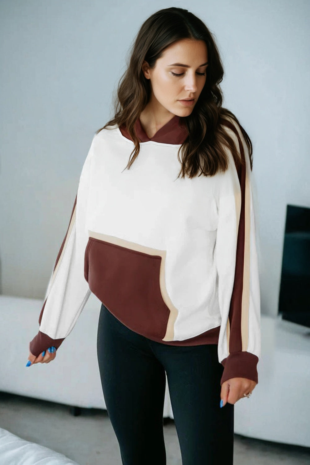Coffee Color Block Patchwork Athleisure Hooded Sweatshirt