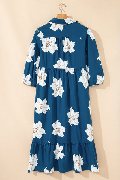 Blue Floral Print Shirt Collar V Neck 3/4 Sleeve Shift Midi Dress