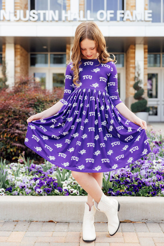 TCU Purple Frog 3/4 Sleeve Pocket Twirl Dress