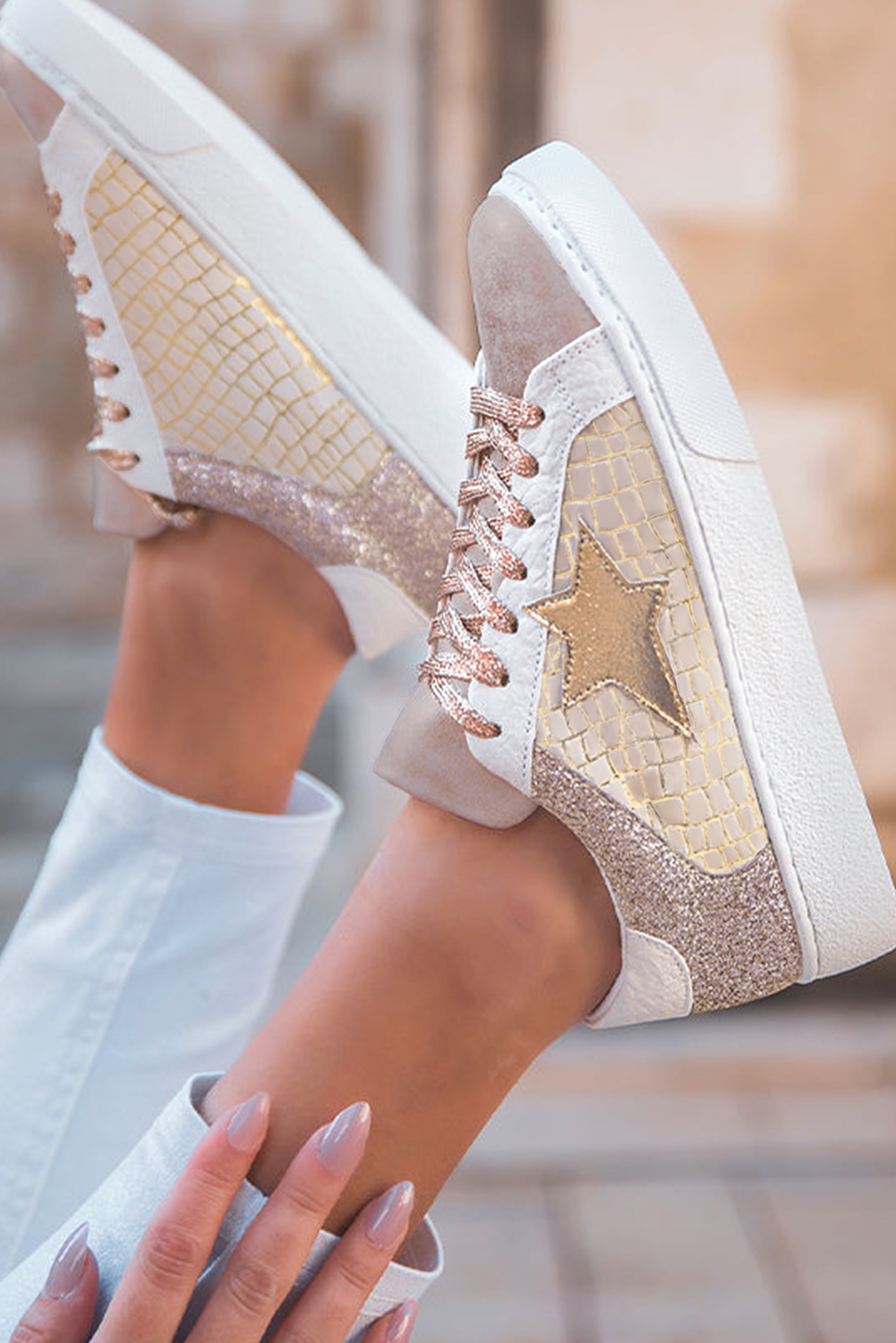 Love Gold Glitter Star Patchwork PU Leather Lace-up Sneakers