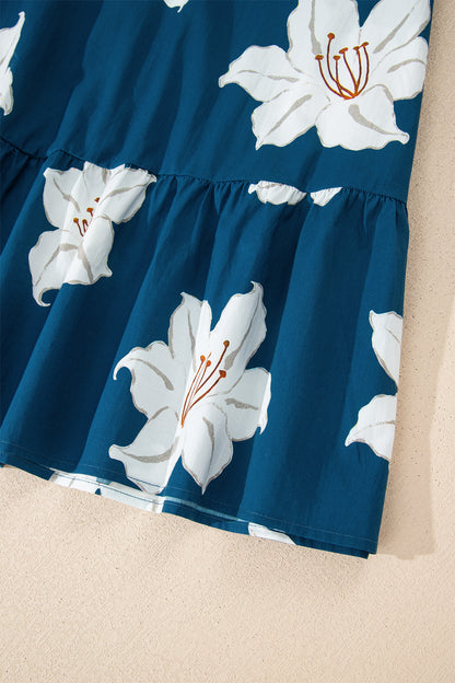 Blue Floral Print Shirt Collar V Neck 3/4 Sleeve Shift Midi Dress