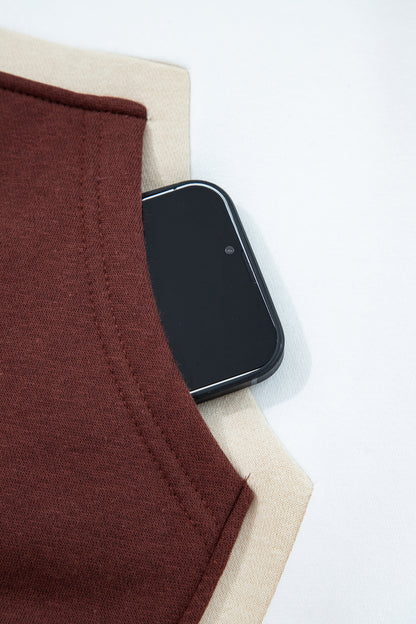 Coffee Color Block Patchwork Athleisure Hooded Sweatshirt