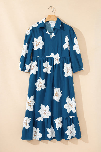 Blue Floral Print Shirt Collar V Neck 3/4 Sleeve Shift Midi Dress