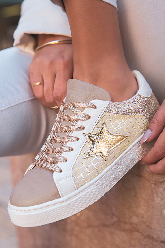 Love Gold Glitter Star Patchwork PU Leather Lace-up Sneakers