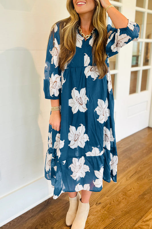 Blue Floral Print Shirt Collar V Neck 3/4 Sleeve Shift Midi Dress