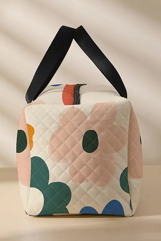 White Flower Print Quilted Large Duffel Bag