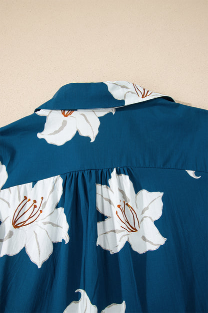 Blue Floral Print Shirt Collar V Neck 3/4 Sleeve Shift Midi Dress