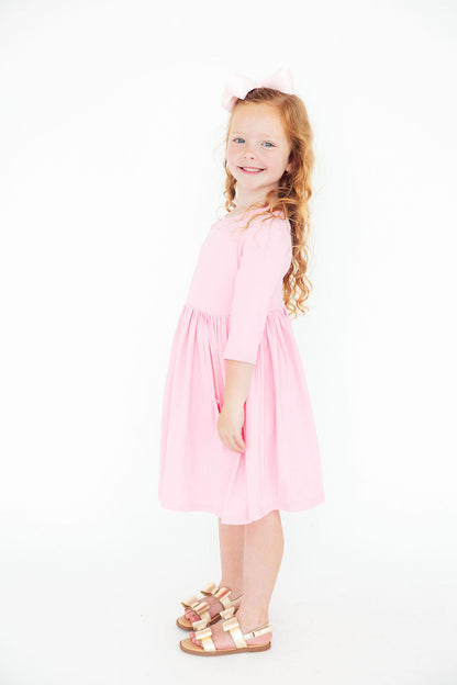 Bubblegum Pink 3/4 Sleeve Pocket Twirl Dress