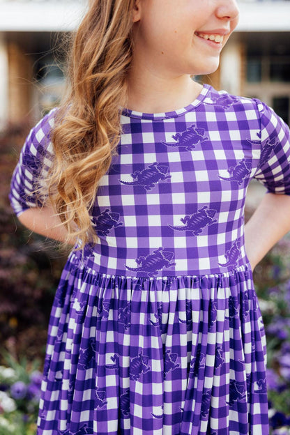 TCU Plaid Frog 3/4 Sleeve Pocket Twirl Dress